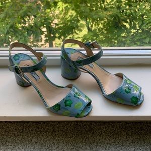 Prada patent leather floral pattern block heeled sandals